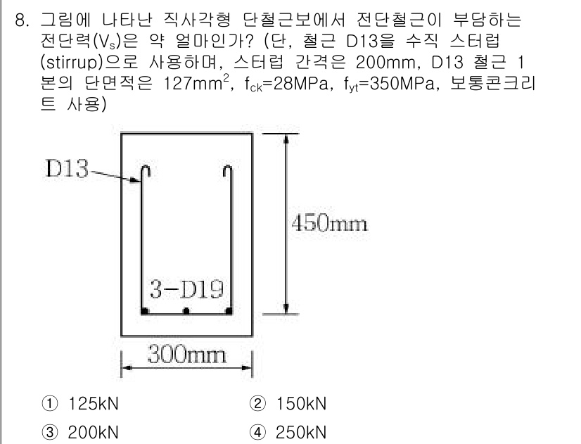 9급_지방직_공무원_서울시_토목설계 2015년 8번 - 문제에서 전단력을 구하기 위해서는 철근의 단면적과 전단강도를 고려해야 합... 에 관한 핵심 기출문제