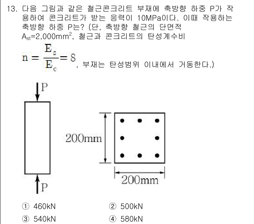 9급_지방직_공무원_서울시_토목설계 2016년 13번 - 문제에서 주어진 조건에 따라 철근과 콘크리트의 강도를 고려하여 하중 P를... 에 관한 핵심 기출문제