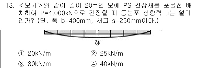 9급_지방직_공무원_서울시_토목설계 2018년 14번 - 문제에서 제공된 정보에 따라 PS 긴장재를 통해 발생하는 수직 하중 P=... 에 관한 핵심 기출문제