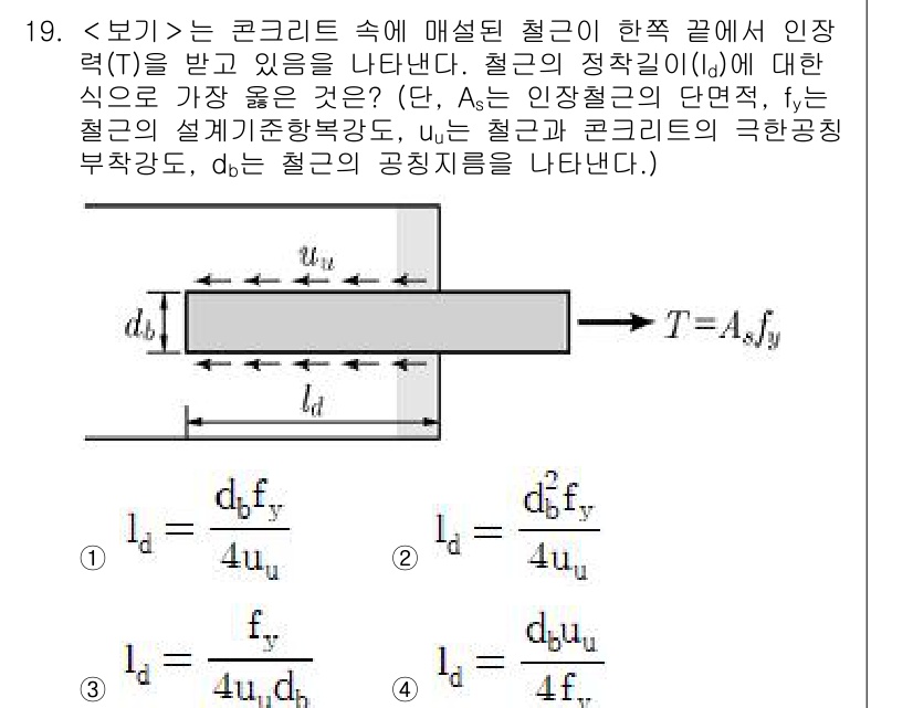 9급_지방직_공무원_서울시_토목설계 2018년 20번 - 문제에서 요구하는 최대 인장력과 관련된 공식은 T = A_s * f_y로... 에 관한 핵심 기출문제
