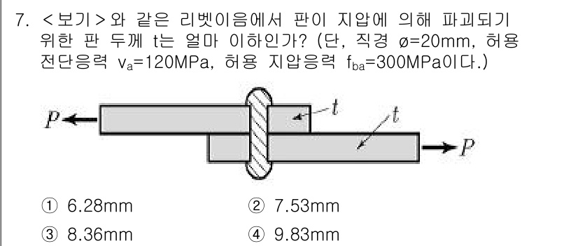 9급_지방직_공무원_서울시_토목설계 2018년 8번 - 이 문제는 리벳 너비에 대한 파괴 기준을 검토하는 것입니다. 주어진 비례... 에 관한 핵심 기출문제