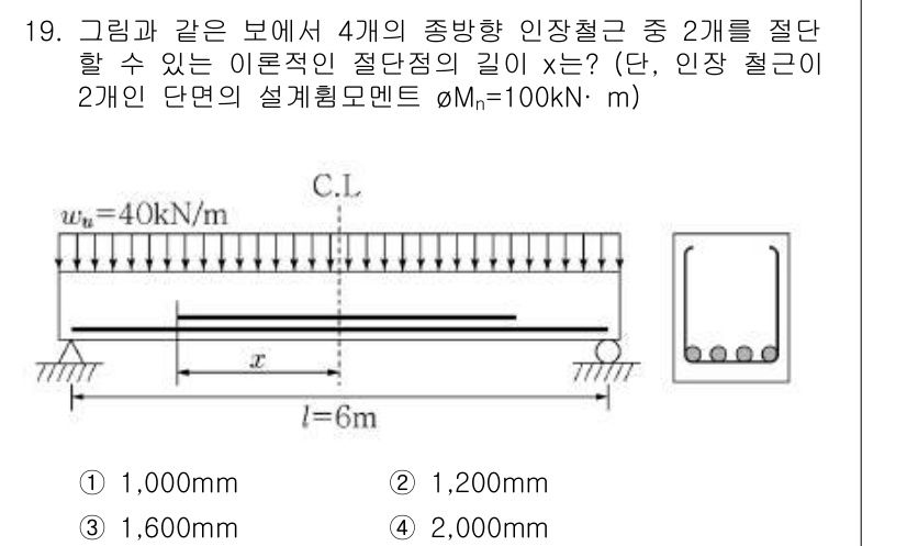 9급_지방직_공무원_서울시_토목설계 2019년 19번 - 주어진 보의 두 지점에서의 반력을 고려해야 합니다. 인장 철근의 인장력과... 에 관한 핵심 기출문제