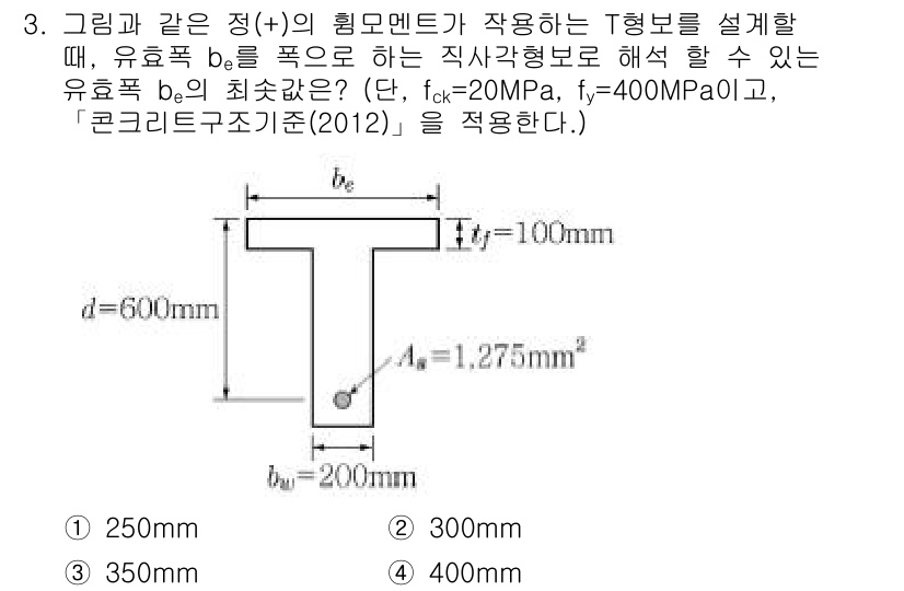 9급_지방직_공무원_서울시_토목설계 2019년 3번 - 주어진 조건에서, 정적과 적절한 하중을 고려했을 때, 유효폭 \( b_e... 에 관한 핵심 기출문제