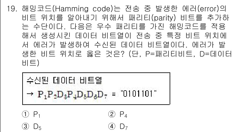 9급_지방직_공무원_서울시_통신이론 2015년 19번 - 해밍 코드(Hamming code)는 오류를 검출하고 수정하기 위해 패리... 에 관한 핵심 기출문제