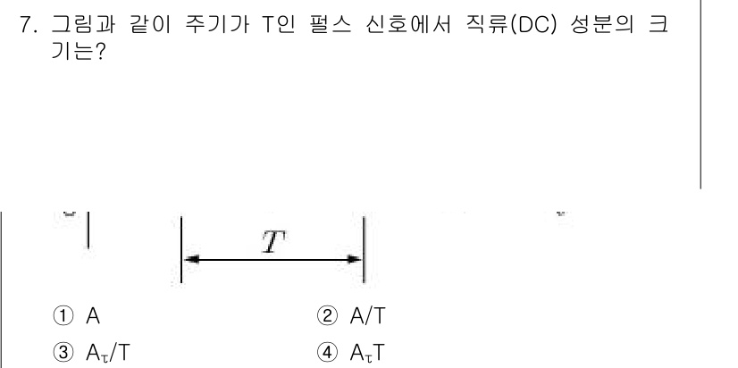 9급_지방직_공무원_서울시_통신이론 2015년 7번 - 주기가 T인 펄스 신호의 직류 성분은 신호의 전체 면적을 주기로 나눈 값... 에 관한 핵심 기출문제