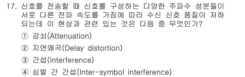 9급_지방직_공무원_서울시_통신이론 2016년 17번 - . 자연왜곡 (Delay distortion)  
설명: 신호 전송 시 ... 에 관한 핵심 기출문제