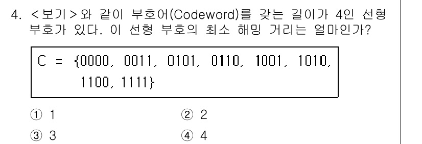 9급_지방직_공무원_서울시_통신이론 2016년 4번 - 주어진 코드워드는 4비트의 선형 부호로 구성된 2진수의 조합입니다. 이 ... 에 관한 핵심 기출문제