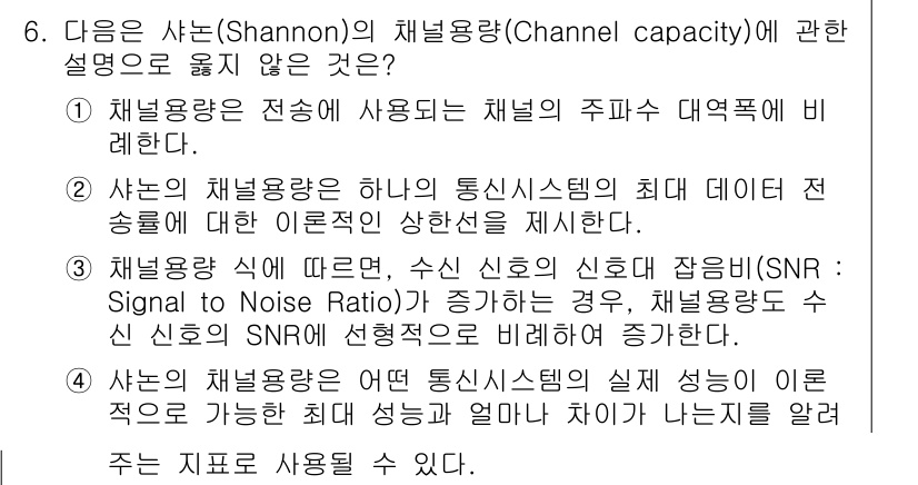 9급_지방직_공무원_서울시_통신이론 2016년 6번 - 채널용량은 전송 가능한 데이터의 최대 속도를 규명하는 지표로, 특정 시스... 에 관한 핵심 기출문제
