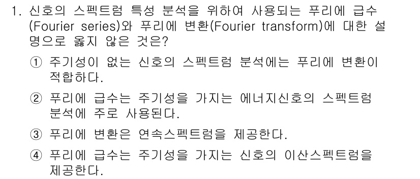 9급_지방직_공무원_서울시_통신이론 2017년 1번 - 정답 2번은 Fourier 변환이 에너지 신호의 스펙트럼 분석에 적합하다... 에 관한 핵심 기출문제