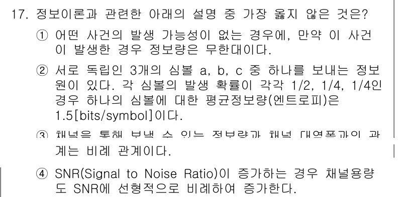 9급_지방직_공무원_서울시_통신이론 2017년 17번 - 정답 4번은 정보 손실이 발생하는 경우에 대한 설명으로, SNR(신호 대... 에 관한 핵심 기출문제