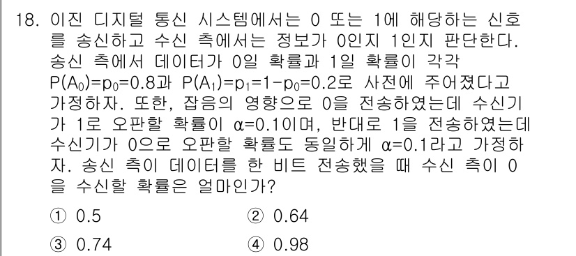 9급_지방직_공무원_서울시_통신이론 2017년 18번 - 문제에서 주어진 조건에 따라 송신기에서 수신기로 전달되는 신호의 확률을 ... 에 관한 핵심 기출문제