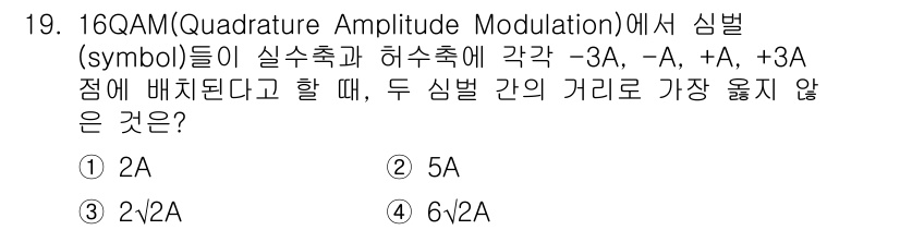 9급_지방직_공무원_서울시_통신이론 2018년 19번 - 16QAM에서 심벌들이 실수축과 허수축에 각각 -3A, -A, +A, +... 에 관한 핵심 기출문제