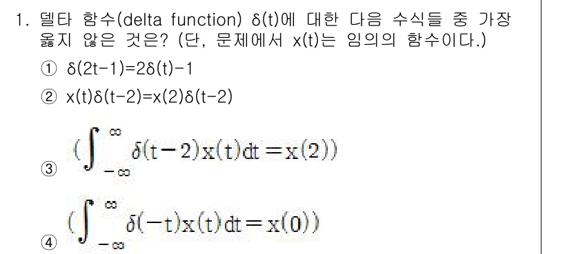 9급_지방직_공무원_서울시_통신이론 2019년 1번 - 주어진 문제에서 여러 식들이 델타 함수의 성질을 반영해야 합니다. 정답인... 에 관한 핵심 기출문제