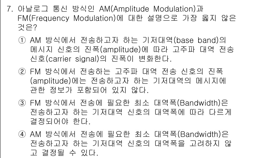 9급_지방직_공무원_서울시_통신이론 2019년 7번 - 4번은 FM 방식에서 필요한 신호 대역폭(Bandwidth)을 설명한 것... 에 관한 핵심 기출문제