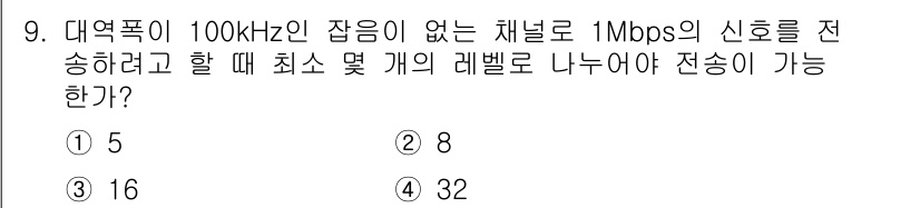 9급_지방직_공무원_서울시_통신이론 2019년 9번 - 대역폭이 100 kHz인 채널에서 1 Mbps의 신호를 전송하려면, Ny... 에 관한 핵심 기출문제