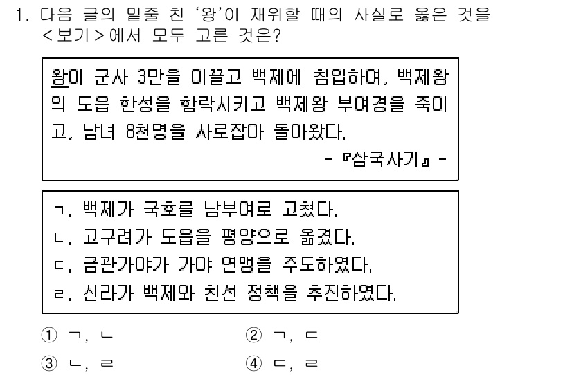 9급_지방직_공무원_서울시_한국사 2015년 1번 - 정답 3번은 백제왕이 군사 3명을 미필적으로 접촉하여 백제의 왕권을 강화... 에 관한 핵심 기출문제
