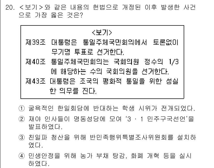 9급_지방직_공무원_서울시_한국사(유공자) 2019년 20번 - 제39조와 제43조에 따라 대통령은 통일정책을 수립하고 통일을 위한 국회... 에 관한 핵심 기출문제