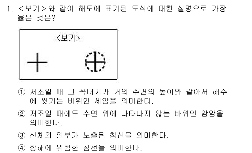 9급_지방직_공무원_서울시_항해 2019년 1번 - 정답 2번은 저조선의 수면 위에 나타나지 않는 바위의 양상을 설명합니다.... 에 관한 핵심 기출문제