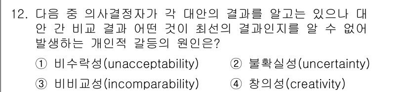 9급_지방직_공무원_서울시_행정학개론 2017년 12번 - 정답은 3번, 창의성이며, 이는 의사결정자가 대안 간의 결과를 알지 못해... 에 관한 핵심 기출문제