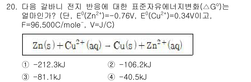 9급_지방직_공무원_서울시_화학 2016년 20번 - 주어진 전지 반응에서 Gibbs 자유 에너지 변화(ΔG⁰)는 Nernst... 에 관한 핵심 기출문제