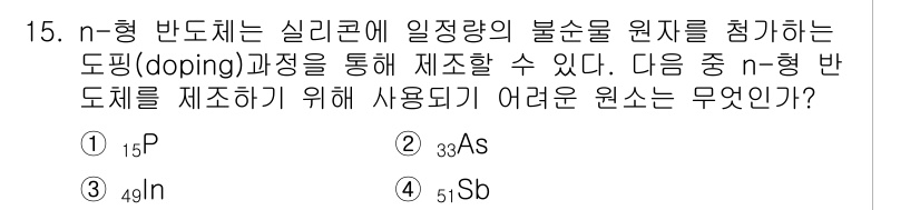 9급_지방직_공무원_서울시_화학공학일반 2017년 15번 - n-형 반도체를 제작하기 위해서는 전자를 기부하는 원소를 사용해야 합니다... 에 관한 핵심 기출문제