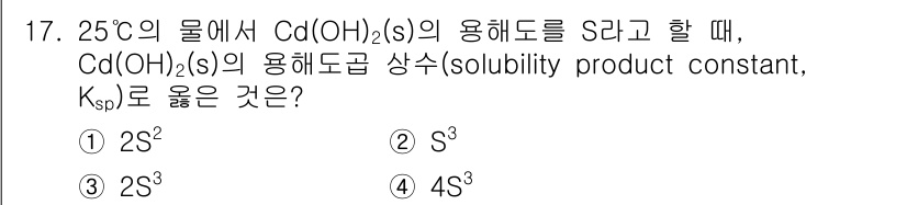 9급_지방직_공무원_서울시_화학공학일반 2017년 17번 - Cd(OH)₂의 용해도가 S로 주어졌을 때, 평형 식은 Cd(OH)₂(s... 에 관한 핵심 기출문제