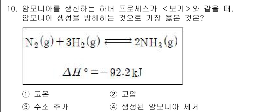 9급_지방직_공무원_서울시_화학공학일반 2018년 10번 - 암모니아 생성을 방해하기 위해서는 반응의 평형을 왼쪽으로 이동시켜야 합니... 에 관한 핵심 기출문제