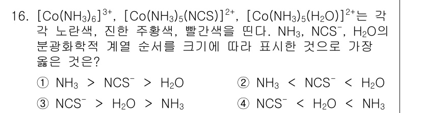 9급_지방직_공무원_서울시_화학공학일반 2018년 16번 - 주어진 화합물에서 각각의 리간드(NH₃, NCS⁻, H₂O)의 배위력이 ... 에 관한 핵심 기출문제