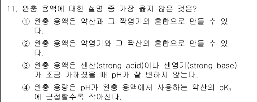 9급_지방직_공무원_서울시_화학공학일반 2019년 11번 - 3번: 완충 용액은 센산(strong acid)이나 센염기(strong ... 에 관한 핵심 기출문제