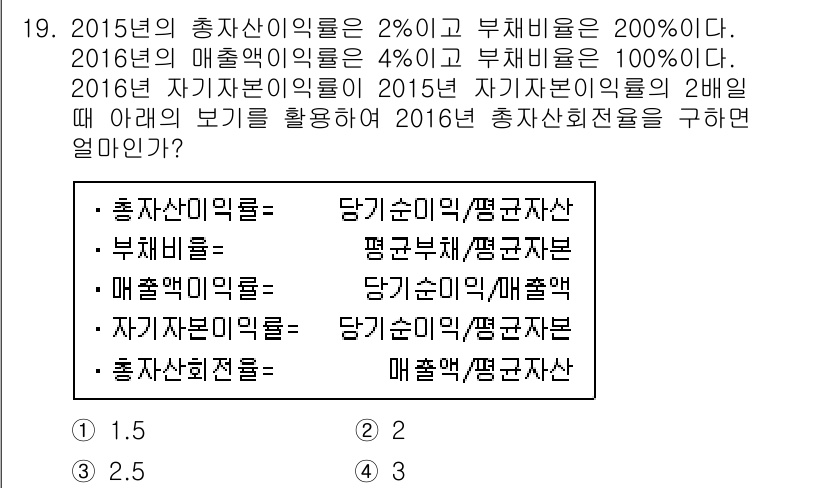 9급_지방직_공무원_서울시_회계학 2016년 15번 - 문제를 풀기 위해서는 총자산이익률(ROA), 매출액이익률(ROE)과 부채... 에 관한 핵심 기출문제