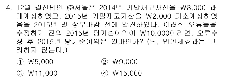9급_지방직_공무원_서울시_회계학 2016년 2번 - 문제에서 제시된 2015년 기말 재고자산은 2014년 결산 시점에서 과세... 에 관한 핵심 기출문제