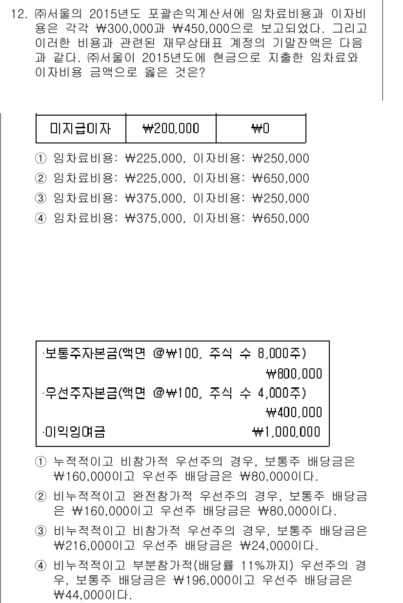 9급_지방직_공무원_서울시_회계학 2016년 9번 - 문제에서 언급된 배당금은 각각 기본 배당금과 추가 배당금으로 나뉘며, 이... 에 관한 핵심 기출문제
