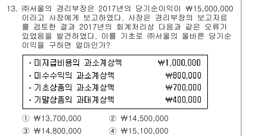 9급_지방직_공무원_서울시_회계학 2017년 11번 - 주어진 자료에서 각 항목의 금액을 합산하면 총액은 4,100,000원이다... 에 관한 핵심 기출문제