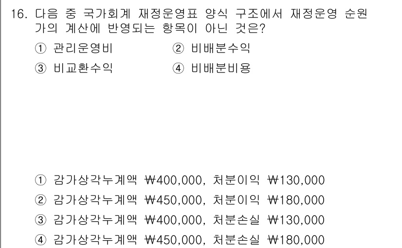9급_지방직_공무원_서울시_회계학 2017년 14번 - 문제에서 주어진 사항에 따르면, 해당 재정운영 순원에 따른 각 항목의 비... 에 관한 핵심 기출문제