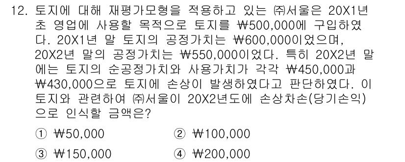 9급_지방직_공무원_서울시_회계학 2018년 11번 - 주어진 문제에서 20X1년 토지의 공정가치는 600,000원으로 평가되며... 에 관한 핵심 기출문제
