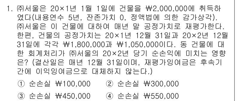 9급_지방직_공무원_서울시_회계학 2019년 1번 - 문제의 건물들은 각각 20x1년 12월 31일과 20x2년 12월 31일... 에 관한 핵심 기출문제