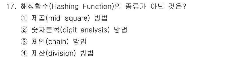정보처리기사 2016년 17번 - 해싱함수의 종류는 주로 입력 데이터를 고유한 해시값으로 변환하는 방법을 ... 에 관한 핵심 기출문제