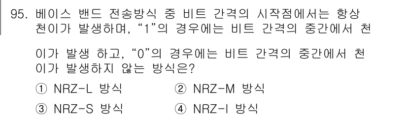 정보처리기사 2016년 95번 - 비트 간격의 시작에서 1이 발생할 때 NRZ-L 방식은 비트의 상태를 바... 에 관한 핵심 기출문제
