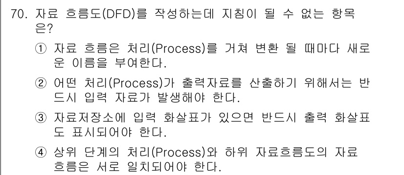 정보처리기사(구) 2017년 70번 - 해설: DFD에서 자료 흐름은 프로세스의 출력과 입력 자료를 연결하는데,... 에 관한 핵심 기출문제