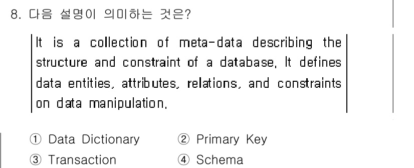 정보처리기사 2017년 8번 - 정답은 4번, Schema입니다. Schema는 데이터베이스의 구조와 제... 에 관한 핵심 기출문제