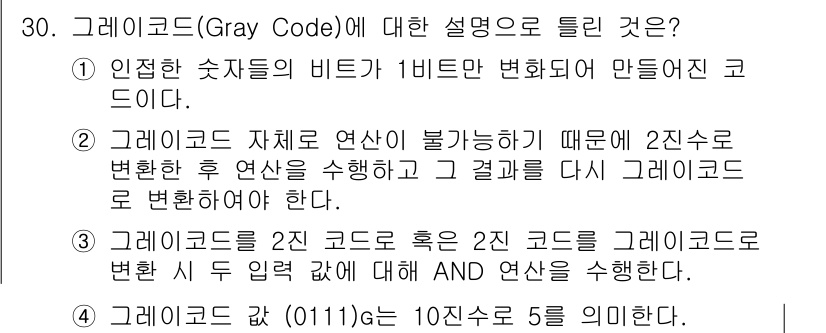 정보처리기사_필기 2017년 30번 - 그레이 코드(Gray Code)는 인접한 수의 비트가 하나만 다르도록 설... 에 관한 핵심 기출문제