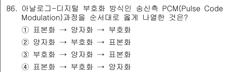 정보처리기사_필기 2017년 86번 - . PCM(펄스 부호 변조)의 과정에서 아날로그 신호는 샘플링을 통해 디... 에 관한 핵심 기출문제