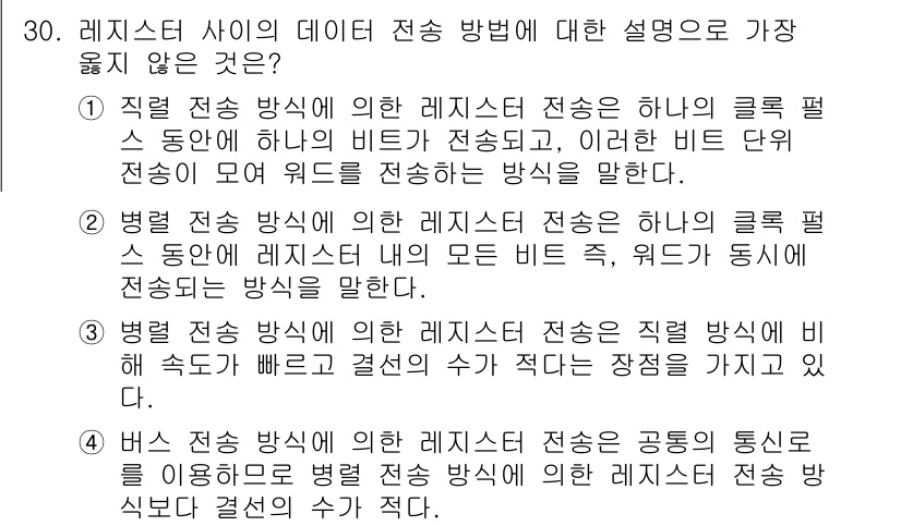 정보처리기사(구) 2018년 30번 - 병렬 전송 방식에서 클럭을 동기화하여 빠르게 결론을 도출할 수 있지만, ... 에 관한 핵심 기출문제