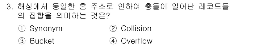 정보처리기사 2018년 3번 - . 

해싱에서 동일한 홈 주소로 인해 충돌이 발생하는 경우를 의미한다.... 에 관한 핵심 기출문제