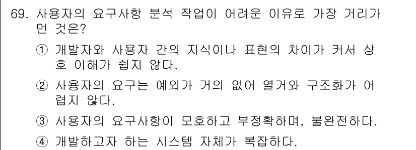 정보처리기사 2018년 69번 - 사용자의 요구를 예외 없이 명확히 구조화할 수 없기 때문에, 실제 요구사... 에 관한 핵심 기출문제