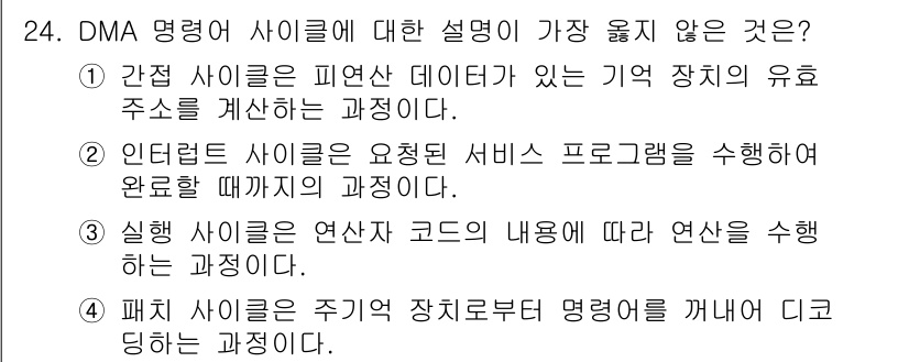 정보처리기사_필기 2018년 24번 - . 
인터럽트 사이클은 요청된 서비스 프로그램을 실행하고 완료될 때까지의... 에 관한 핵심 기출문제