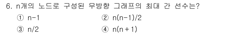 정보처리기사_필기 2018년 6번 - 정답은 ② n(n-1)/2입니다. 무방향 그래프에서 최대 간선 수는 각 ... 에 관한 핵심 기출문제