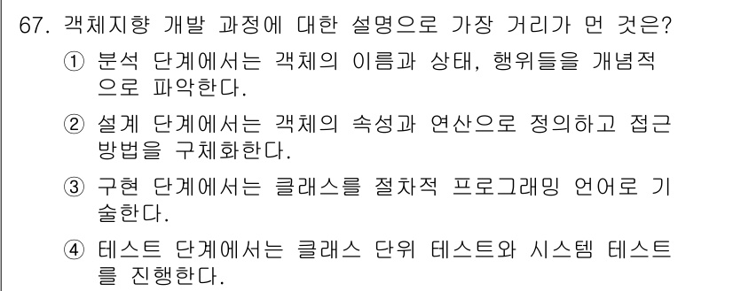 정보처리기사_필기 2018년 67번 - 구체적인 개발 방법론에서는 클래스 단위로 프로그래밍 언어를 사용하여 시스... 에 관한 핵심 기출문제