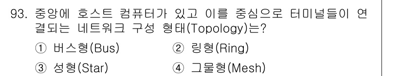 정보처리기사_필기 2018년 93번 - 정답은 3번 성형(Star)입니다. 성형 토폴로지는 중앙에 호스트 컴퓨터... 에 관한 핵심 기출문제