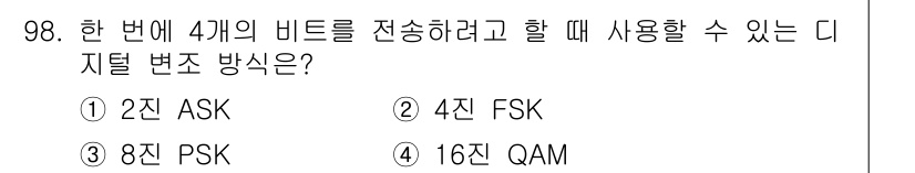 정보처리기사_필기 2018년 98번 - . 

4개의 비트를 전송하기 위해서는 16개의 조합이 필요하며, 이를 ... 에 관한 핵심 기출문제